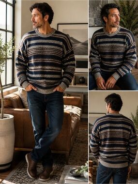 Vintage Striped Knit Cozy Grandpa Sweater Medium